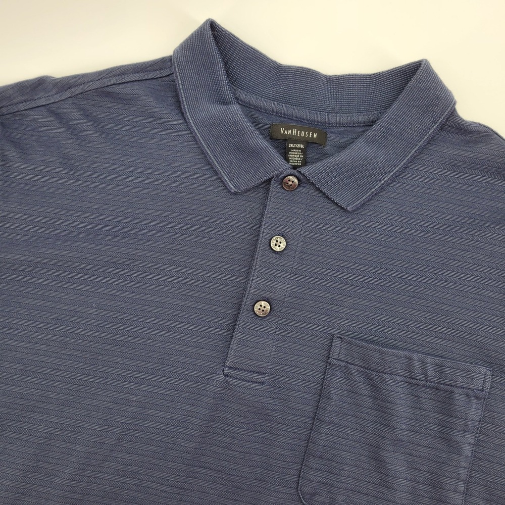 Van Heusen Mens 2XLT Blue Short Sleeve Pocket Polo Preppy Textured Stripe Knit‎